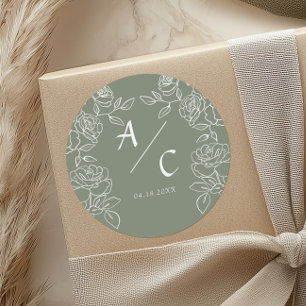 Sticker Rond Élégantes Roses Françaises Vert Olive Mariage