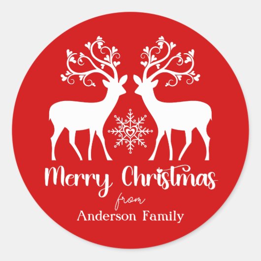 Sticker Rond Élégants rennes Joyeux Noël Nom de famille Rouge (Devant)