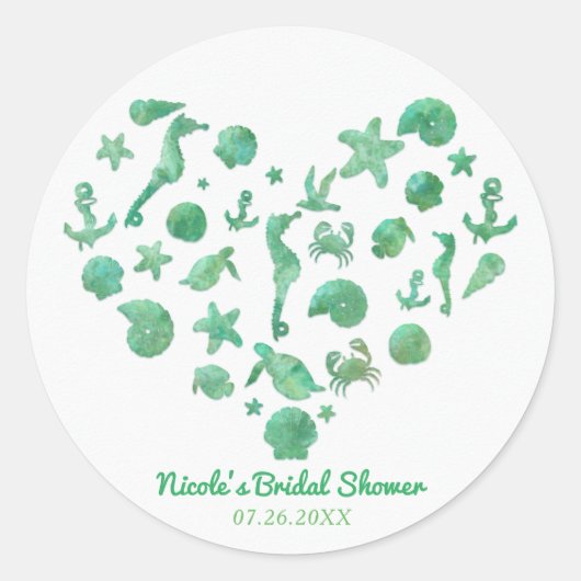 Sticker Rond Éléments de plage Vert aquarelle Faveur de fête mo (Devant)