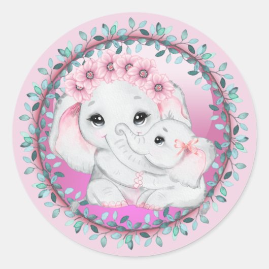 Sticker Rond Eléphane rose bébé fille mère feuille de la couron (Devant)