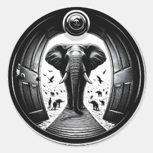 Sticker Rond Eléphant à travers la porte de Peephole Fisheye
