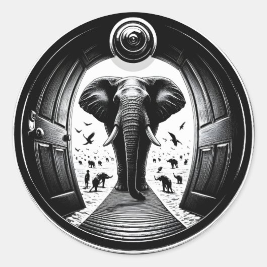 Sticker Rond Eléphant à travers la porte de Peephole | Fisheye (Devant)