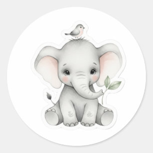 Sticker Rond Eléphant adorable bébé avec l'oiseau et la feuille