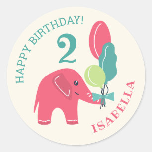 Sticker Rond Elephant avec Ballons Girls 2e anniversaire