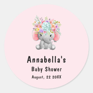 Sticker Rond Éléphant avec Fleurs  Baby Shower 