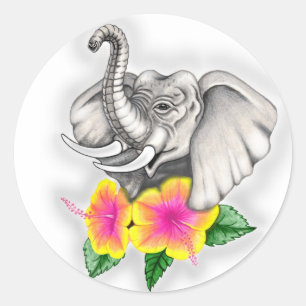 Sticker Rond Eléphant avec Hibiscus Design