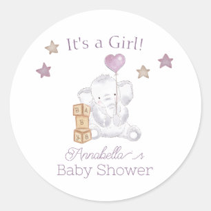 Sticker Rond Éléphant Bébé Fille et Ballon Mignon Aquarelle