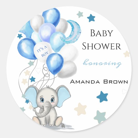 Sticker Rond Eléphant bébé mignon avec ballons Baby shower garç (Devant)