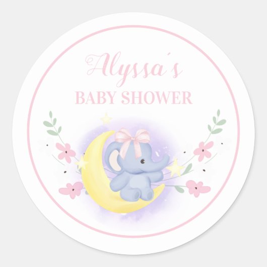 Sticker Rond Eléphant bleu rose mignonne Lune bébé fille douche (Devant)
