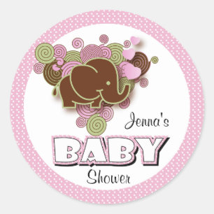 Sticker Rond Eléphant Brown et rose Baby shower