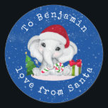 Sticker Rond Elephant Childs Name Love From Père Noël Christmas<br><div class="desc">Joli Eléphant Enfants Nom Amour De Noël Père Noël. Personnalisez le texte selon vos besoins.</div>