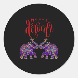 Sticker Rond Éléphant Coloré Joyeux Deepavali Diwali Pour Hindo