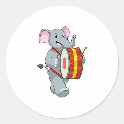 Sticker Rond Elephant comme musicien avec tambour (Devant)