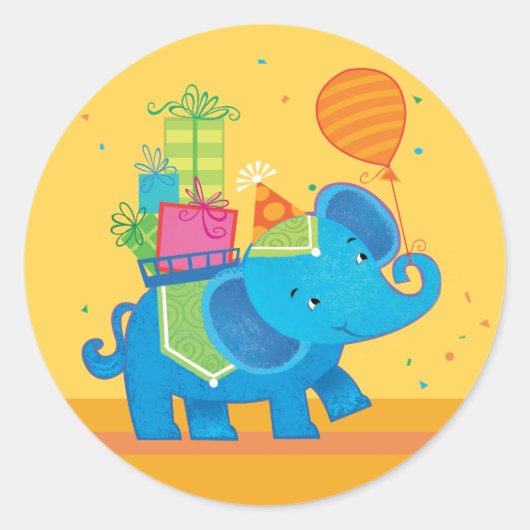 Sticker Rond Eléphant d'anniversaire avec ballons & présente St (Devant)