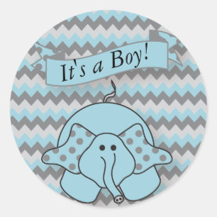 Sticker Rond Éléphant de bébé bleu et gris Chevron