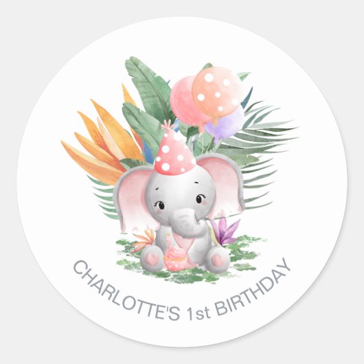 Sticker Rond Eléphant de la Jungle rose 1er anniversaire (Devant)