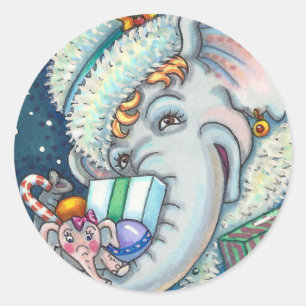 STICKER ROND ÉLÉPHANT DE NOËL, FIER DES CADEAUX ET BONNE CHÈRE