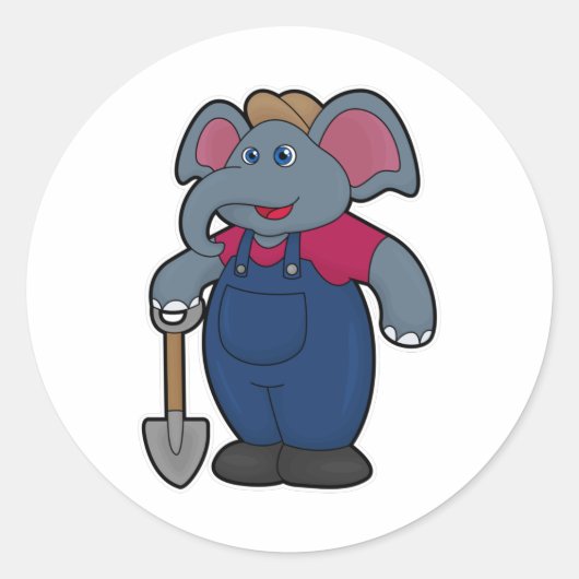 Sticker Rond Elephant en tant que fermier avec Shovel (Devant)