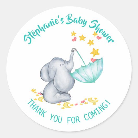 Sticker Rond Elephant & Etoiles Baby shower Merci (Devant)