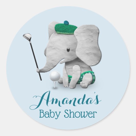Sticker Rond Elephant Golf Boy Cute Baby shower (Devant)