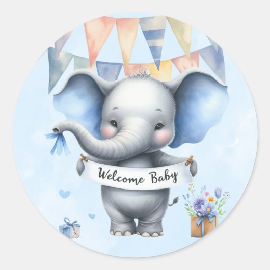 Sticker Rond Eléphant gris bleu mignonne Bienvenue bébé garçon  (Devant)