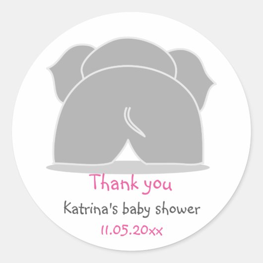 Sticker Rond Eléphant gris mou Baby shower rose Merci (Devant)