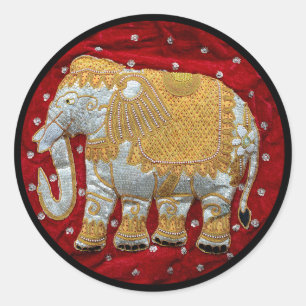 Sticker Rond Eléphant Indien inscrit rouge et or