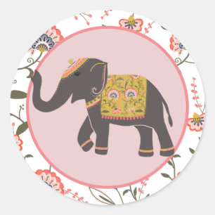 Sticker Rond Éléphant Indien Motif Fleur Jaune Rose