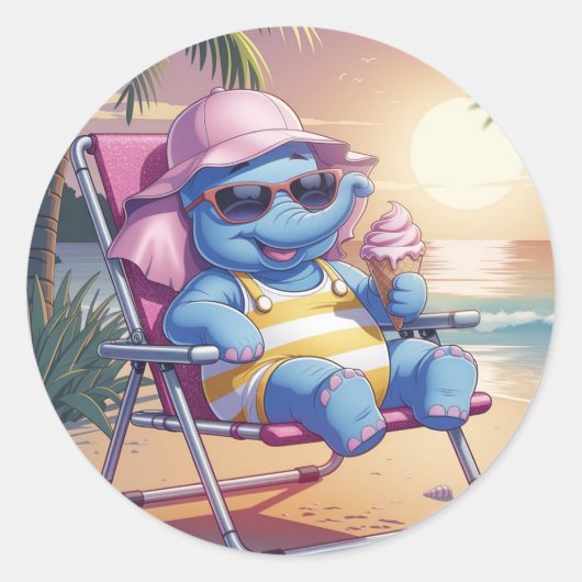 Sticker Rond Eléphant mangeant la glace d'été (Devant)