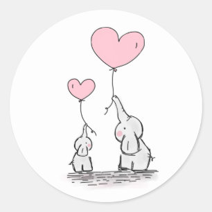 Sticker Rond Eléphant mère et bébé avec ballons de coeur