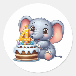 Sticker Rond Éléphant Mignon 4ème Anniversaire