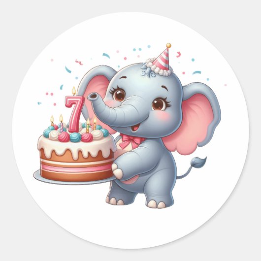 Sticker Rond Éléphant Mignon 7ème Anniversaire (Devant)
