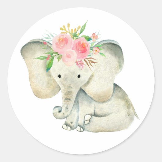 Sticker Rond Eléphant mignon bébé fille avec fleurs (Devant)