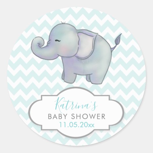 Sticker Rond Eléphant mignon | Merci Baby shower bleu Chevron (Devant)