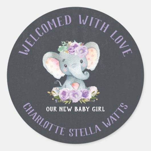 Sticker Rond Eléphant mignon nouveau bébé fille Faire-part Favo (Devant)