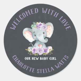 Sticker Rond Eléphant mignon nouveau bébé fille Faire-part Favo
