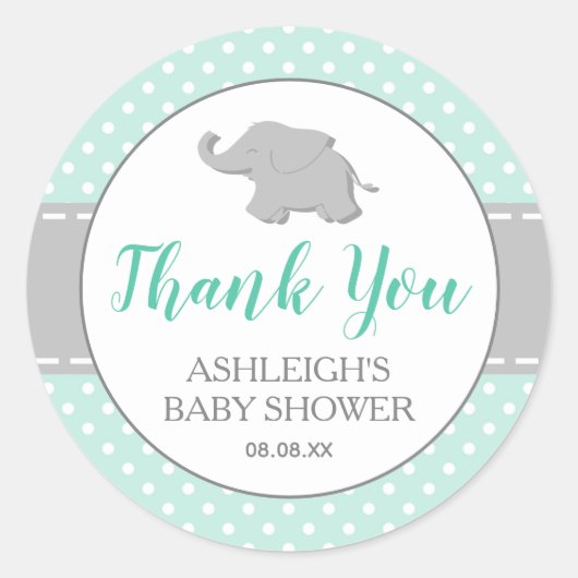 Sticker Rond Eléphant Mint Green Polka Dot Baby shower (Devant)