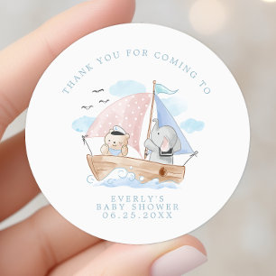 Sticker Rond Éléphant Nautionique Ours Aquarelle Bateau Baby Sh