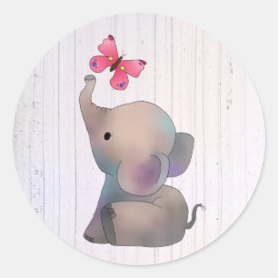 Sticker Rond Éléphant papillon rose