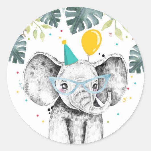 Sticker Rond Elephant Party Animaux Safari Garçon Anniversaire (Devant)