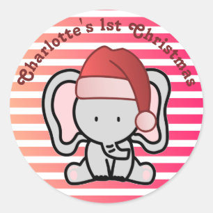 Sticker Rond Eléphant personnalisé 1er Noël Baby Girl