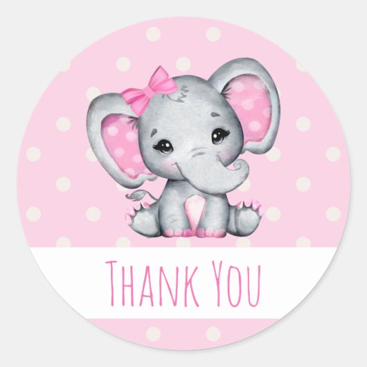 Sticker Rond Eléphant rose bébé avec Polka Dot Oreilles Merci (Devant)