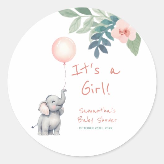 Sticker Rond Eléphant rose C'est un Baby shower de fille (Devant)