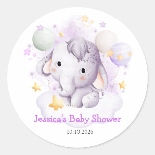 Sticker Rond Éléphant Rose Mignon Étoiles Aquarelle Baby Shower