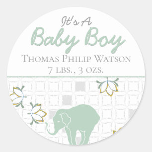 Sticker Rond Éléphant Safari Vert Neutre Annonce de Naissance