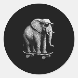 Sticker Rond Éléphant Skateboardeur Avec Lunettes De Soleil Ani