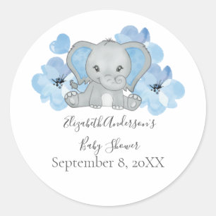Sticker Rond Éléphanteau Garçon Bleu Fleurs Ballon Baby Shower