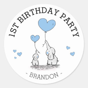 Sticker Rond Éléphants & Cœurs Bleus Mignons 1er Anniversaire