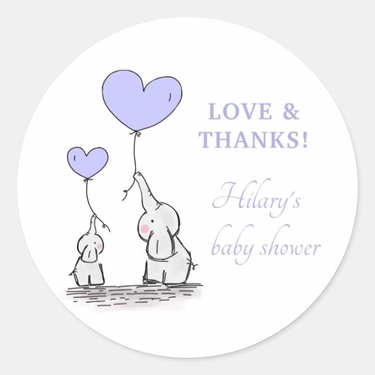 Sticker Rond Eléphants | Lilac Balloons Baby shower Merci (Devant)