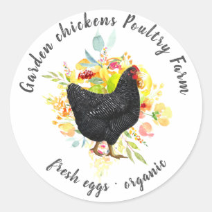 Sticker Rond élevage de poulets noirs fleuris jaune classique